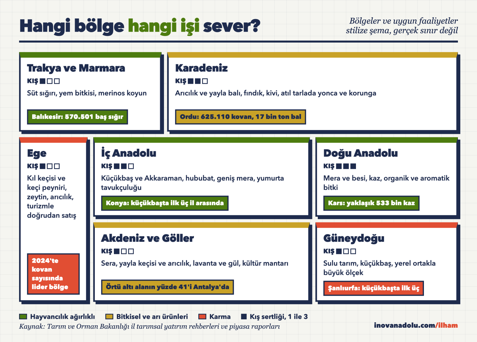 Türkiye'nin yedi bölgesini stilize kutularla gösteren ve her bölgeye uygun hayvancılık ve tarım faaliyetlerini listeleyen şema