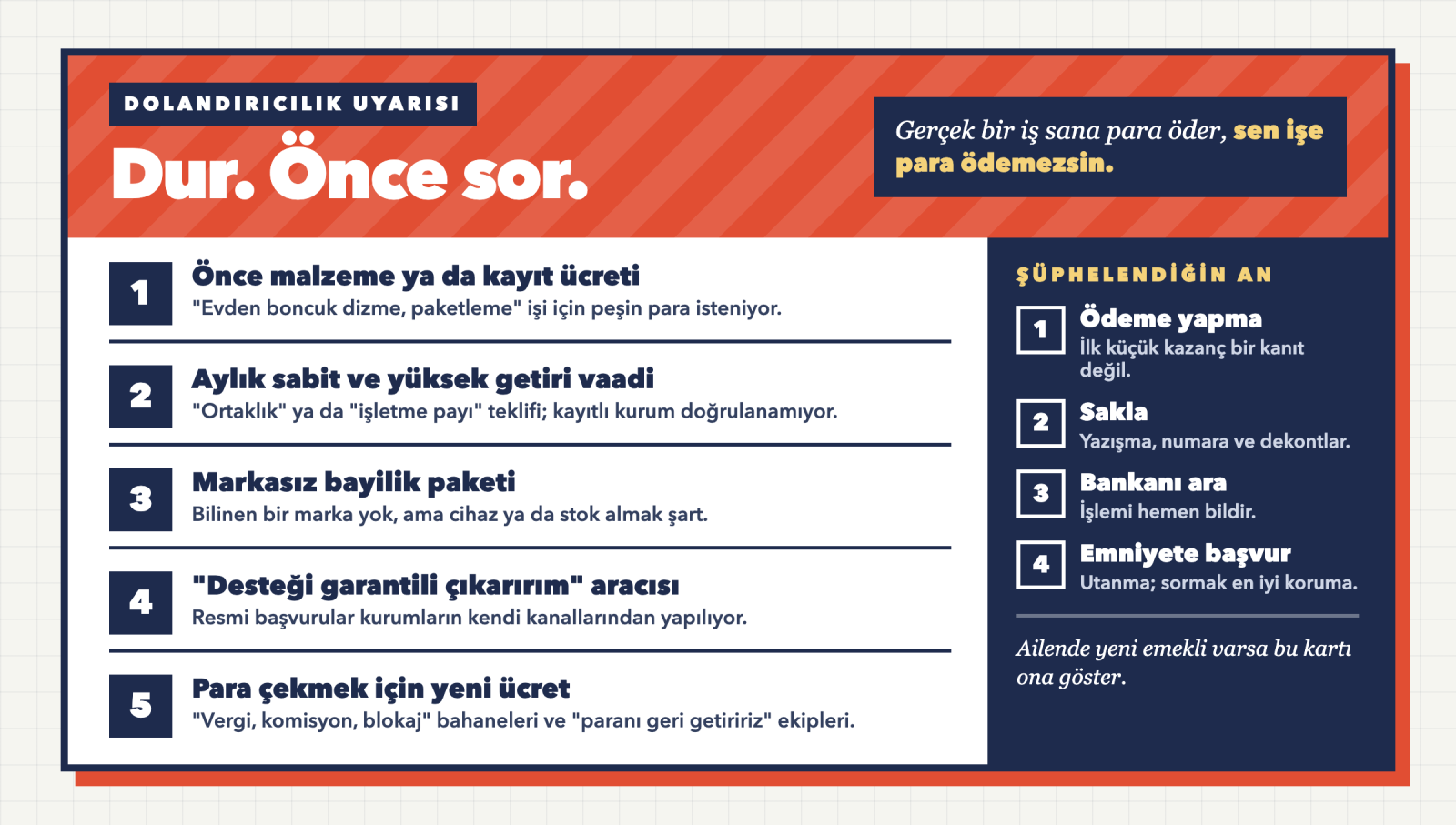 Emeklileri hedef alan iş fırsatı dolandırıcılığının beş uyarı işaretini ve yapılacakları gösteren kart